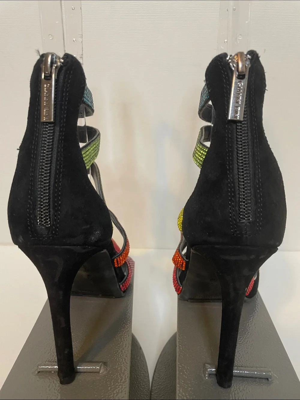 Gianni Bini Black Strappy High Heel Sandal with Multicolor Crystal Straps - Sz 7